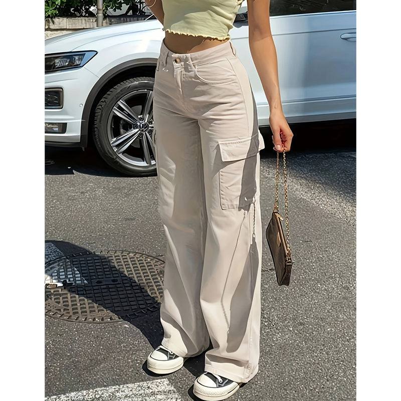 Pantalon cargo taille haute jambe large pour femme