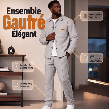 Ensemble décontracté deux pièces pour homme : veste et pantalon en maille gaufrée