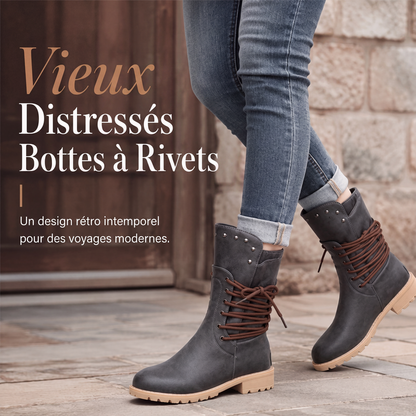 Bottines à lacets pour femme à talon bas et bout rond