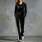 Ensemble sweat à capuche en velours et pantalon rayé pour femme