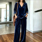 Ensemble pour femme : haut en velours à col V et pantalon large