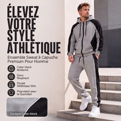 Ensemble sweat à capuche zippé à blocs de couleurs et pantalon de survêtement pour homme