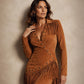 Robe longue à manches longues et franges pour femme, coupe ajustée
