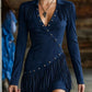 Robe longue à manches longues et franges pour femme, coupe ajustée