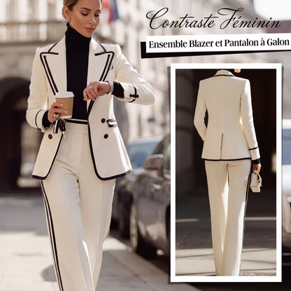 ✨Nouveautés et offres spéciales - Ensemble blazer et pantalon pour femme à bord contrasté