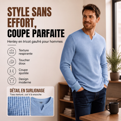 Chemise pour homme en maille gaufree, col V, coupe slim