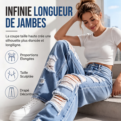 Jean large déchiré pour femme, pantalon en denim taille haute usé