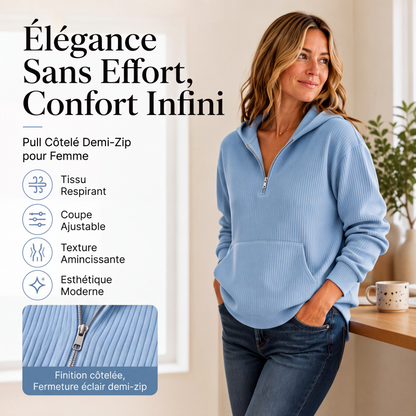 Sweat à capuche décontracté pour femme en maille côtelée avec demi-zip