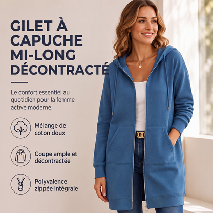 Veste sweat à capuche mi-longue pour femme, cardigan décontracté zippé avec poches