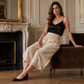 Pantalon à jambes larges et taille haute smocké pour femme