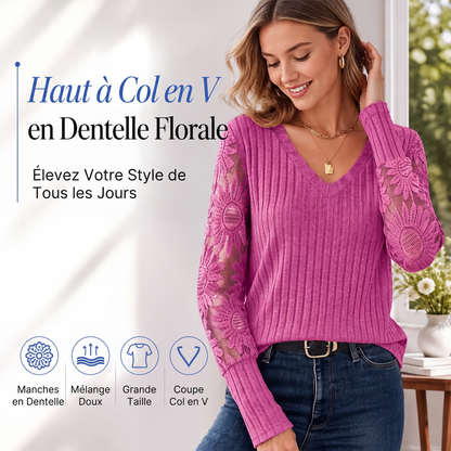 Haut à manches longues pour femme en maille côtelée brossée avec patchwork de dentelle
