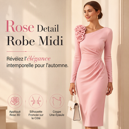 Robe midi froncée pour femme avec détails de rose 3D