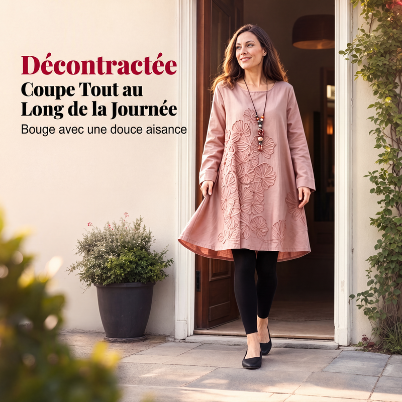 Robe décontractée pour femme à manches longues et col rond, coupe A
