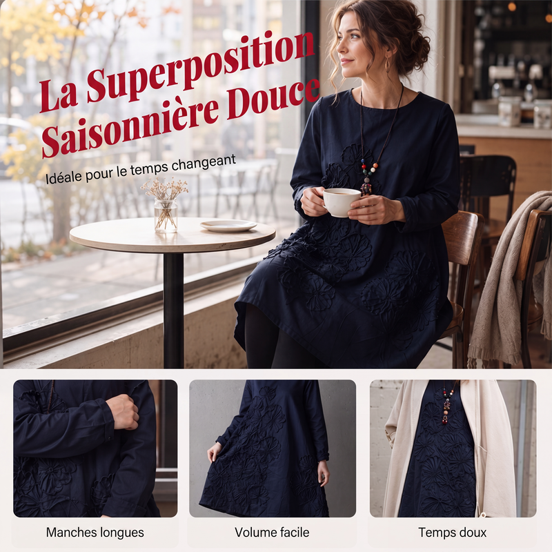 Robe décontractée pour femme à manches longues et col rond, coupe A