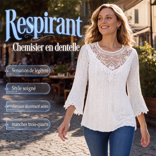 Blouse décontractée pour femme à manches 3/4 avec patchwork en dentelle ajourée