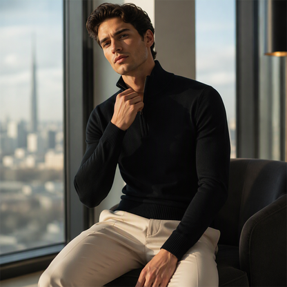 Pull élégant pour homme avec col montant et quart de zip