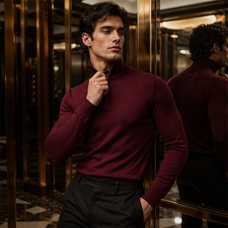 Pull élégant pour homme avec col montant et quart de zip