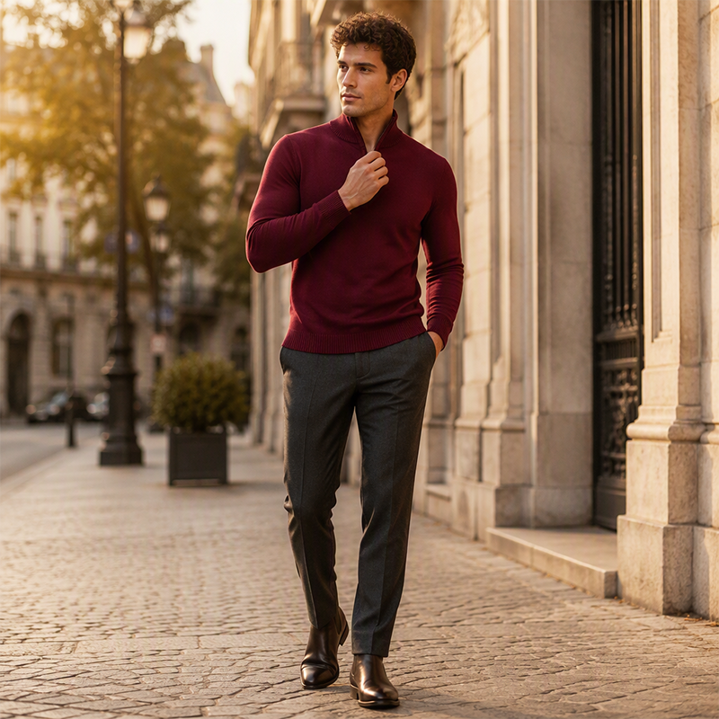 Pull élégant pour homme avec col montant et quart de zip