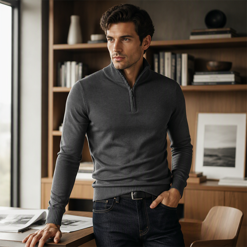 Pull élégant pour homme avec col montant et quart de zip