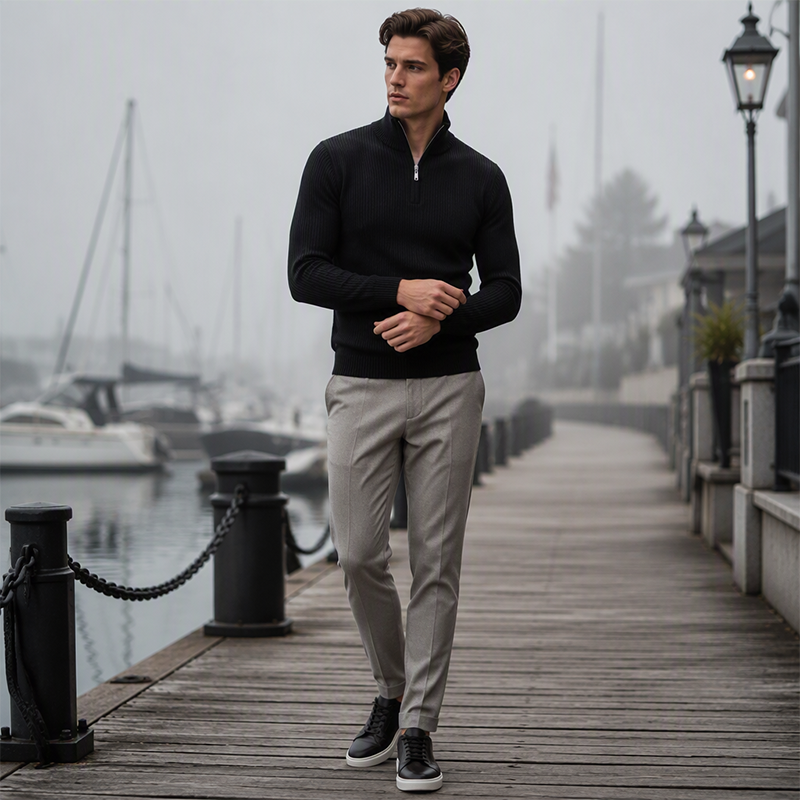 Pull élégant pour homme avec col montant et quart de zip