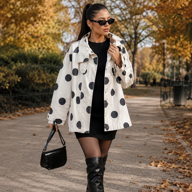 Veste évasée rétro à pois pour femme, haut à col montant et manches raglan