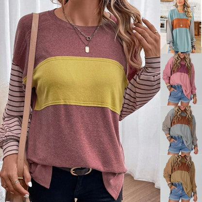 T-shirt à manches longues rayé color-block tendance pour femmes