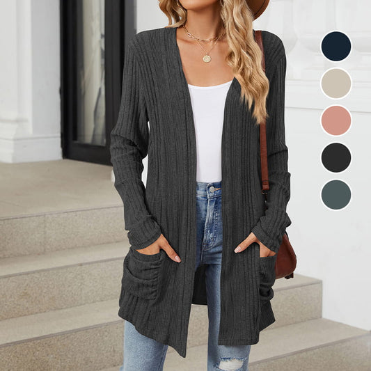 Manteau décontracté en maille pour femme, à manches longues et devant ouvert