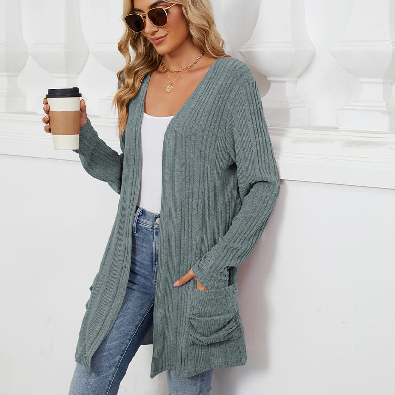 Manteau décontracté en maille pour femme, à manches longues et devant ouvert