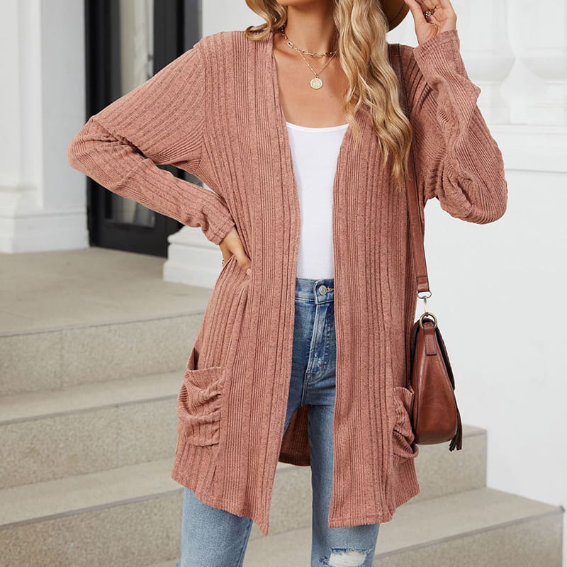 Manteau décontracté en maille pour femme, à manches longues et devant ouvert
