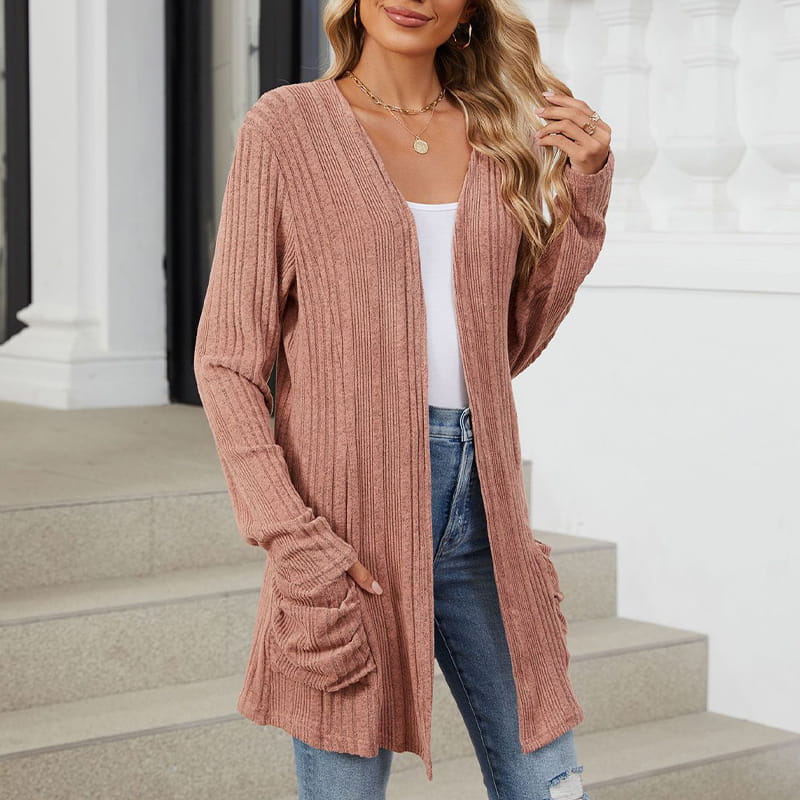 Manteau décontracté en maille pour femme, à manches longues et devant ouvert