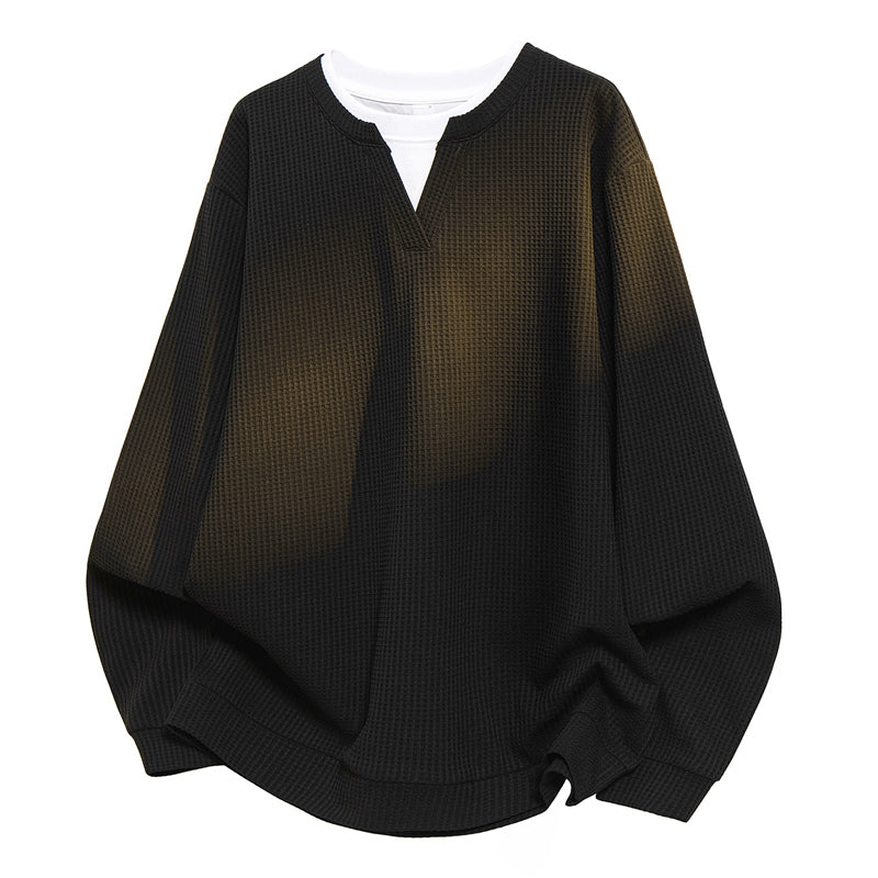 Haut à fausse double couche en maille gaufrée pour homme, manches longues