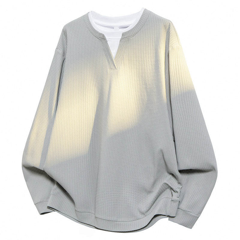 Haut à fausse double couche en maille gaufrée pour homme, manches longues
