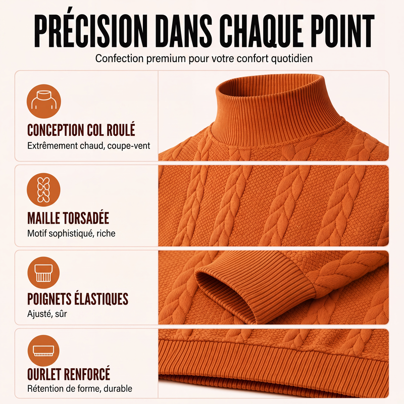 Pull en maille torsadée à col roulé pour homme