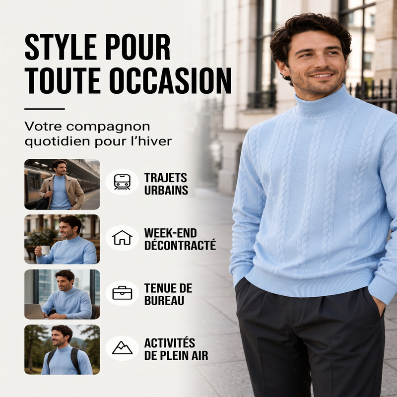 Pull en maille torsadée à col roulé pour homme
