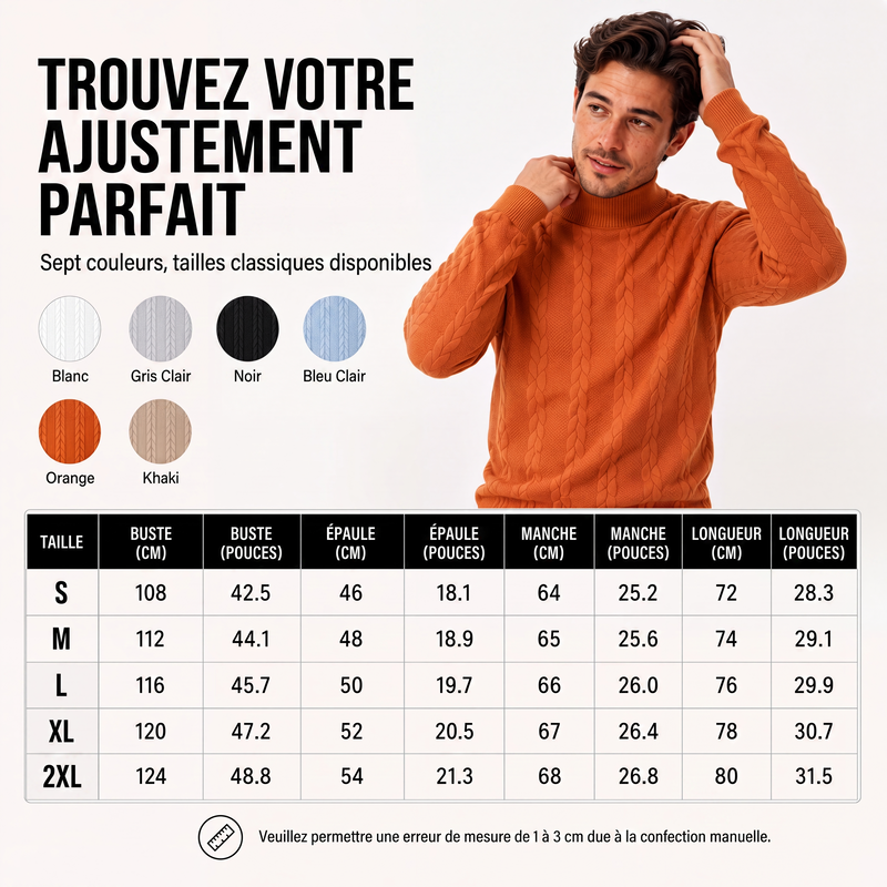 Pull en maille torsadée à col roulé pour homme