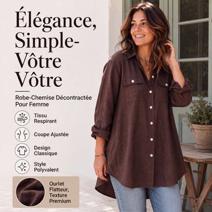 Robe chemise à manches longues en coton et lin pour femme