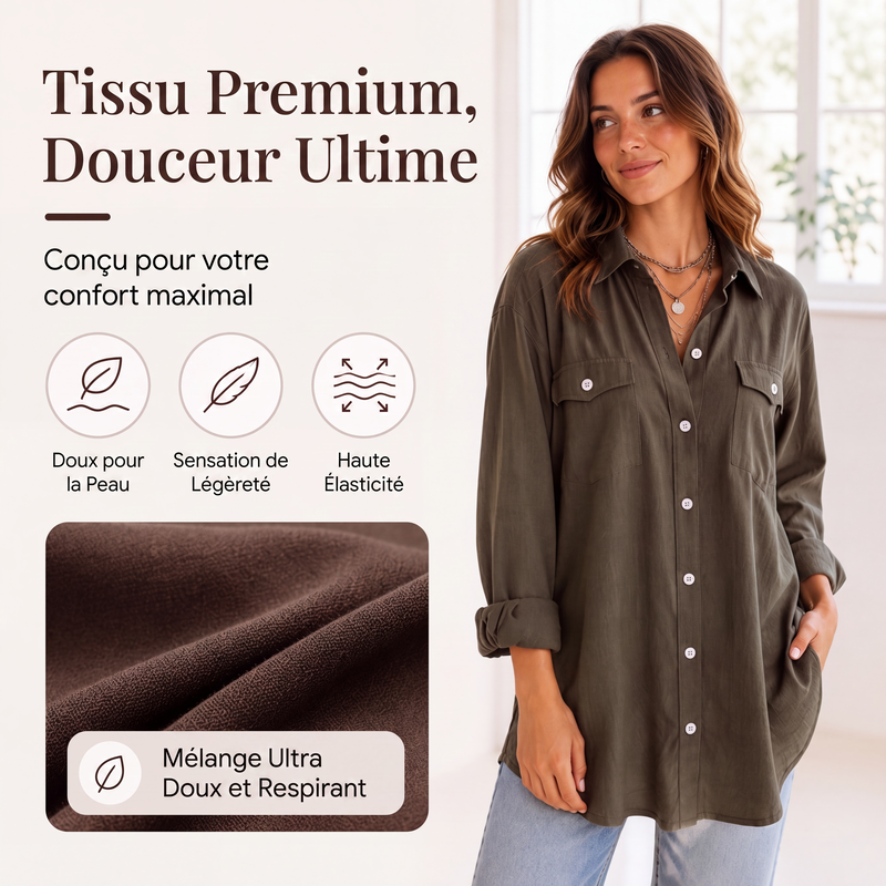 Robe chemise à manches longues en coton et lin pour femme