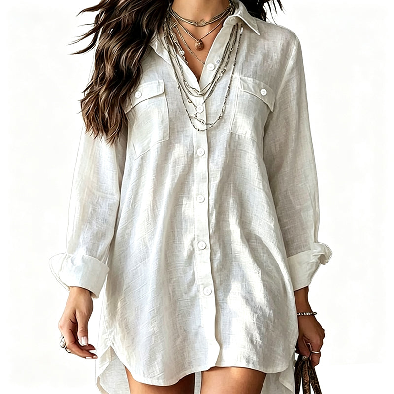 Robe chemise à manches longues en coton et lin pour femme
