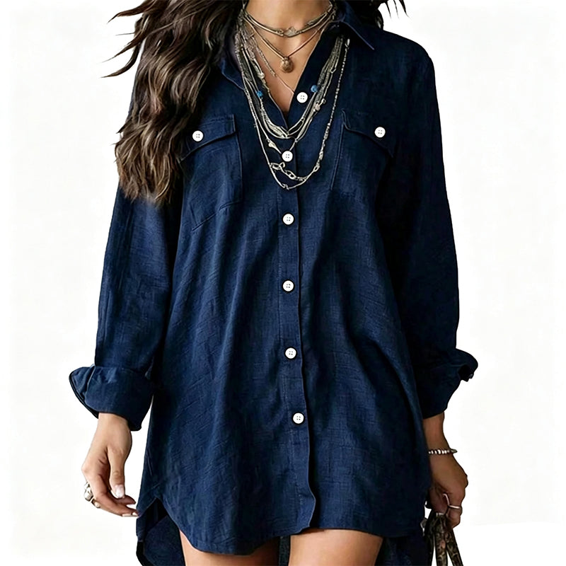 Robe chemise à manches longues en coton et lin pour femme