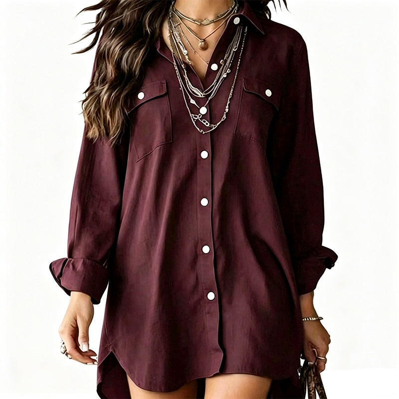 Robe chemise à manches longues en coton et lin pour femme
