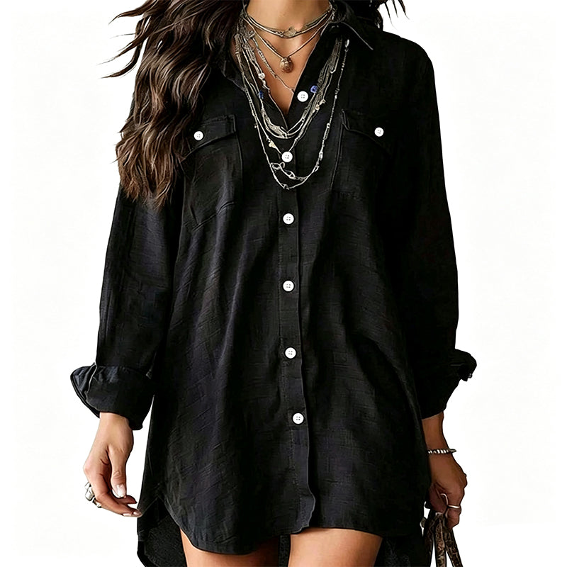Robe chemise à manches longues en coton et lin pour femme