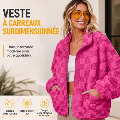 Veste en peluche à motif damier et boutons-pression pour femme