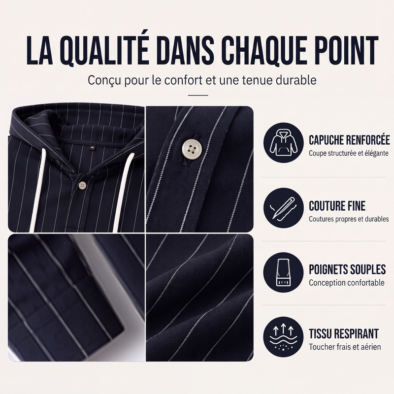 Chemise à capuche à manches longues rayée pour homme