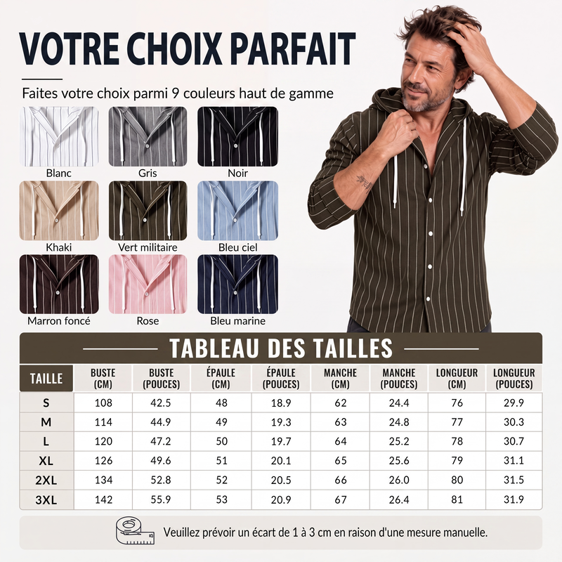Chemise à capuche à manches longues rayée pour homme