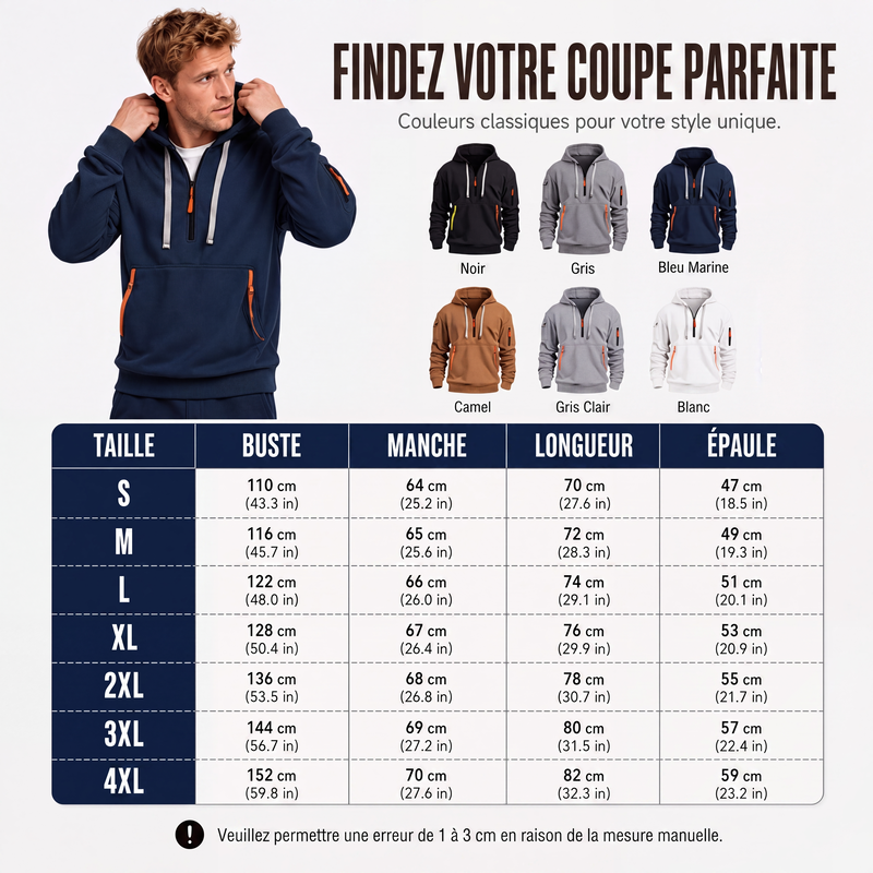 Sweat à capuche décontracté et sportif pour homme avec quart de zip