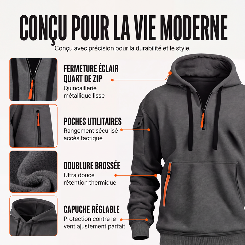 Sweat à capuche décontracté et sportif pour homme avec quart de zip