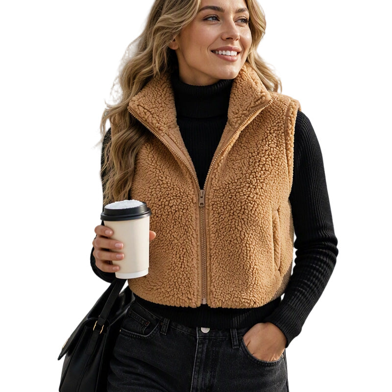 Gilet chaud à col montant et fermeture éclair pour femme