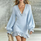 Robe en maille à col V et manches lanterne pour femme