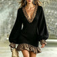 Robe en maille à col V et manches lanterne pour femme