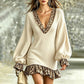 Robe en maille à col V et manches lanterne pour femme